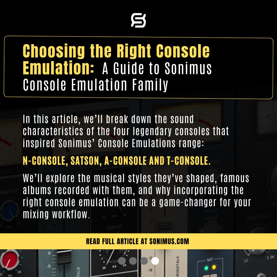 SonimusAudio's tweet photo. 📗[NEW BLOG POST] Choosing the Right Console Emulation: A Guide to Sonimus Console Emulation Family 🔎

Read full article -> https://t.co/2sEUJYEm4D

#Sonimus #BlogPost #NewPlugin #SoundDesign #MustKnowFeatures #AnalogModeling #HomeStudio #AnalogWarmth #MusicProduction #MusicLife https://t.co/FyXOdYcHqP