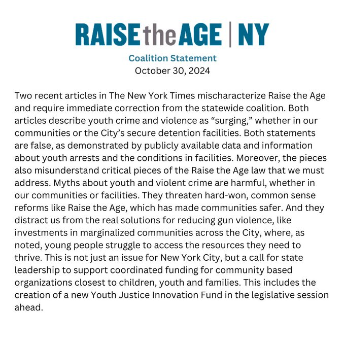 YouthRepresent's tweet photo. Two recent articles in The New York Times mischaracterize Raise the Age and require immediate correction from the statewide coalition.  Read our full statement here: https://t.co/5f9mHzJie0 https://t.co/PwZ3W9Uss7