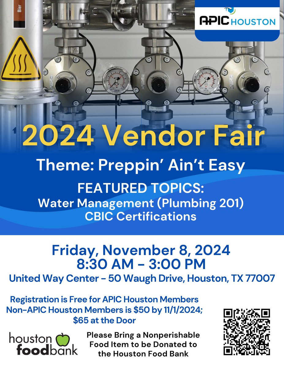 APIChouston's tweet photo. APIC Houston Members &amp; Friends! 

Remember to register for the Preppin’ Ain’t Easy APIC Houston 2024 Vendor fair by this Friday, 11/1/2024. Attendance to the Vendor Fair will earn you 2 IPUs towards your CIC re-certification! https://t.co/4qzCvrmIRM