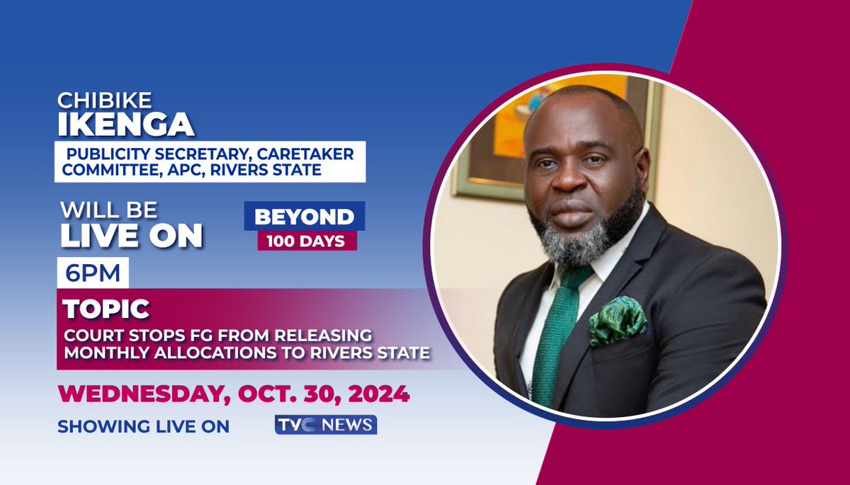tvcnewsng's tweet photo. Are you set for another interesting conversation on today's episode of #Beyond100Days on #TVCnews ?

Our guests,  Sogbeye Eli, Lawyer and Former Chairman of Degema LGA, Rivers and Chibike Ikenga, Publicity Secretary, Caretaker Committee, APC, Rivers state will be live to discuss "Court stops FG from releasing monthly allocations to Rivers state"

It's a conversation you don't want to miss.

Time remains 6pm.

Watch #TVCNews on Dstv Ch. 418, Gotv Ch. 25, Startimes Ch. 307, Sky Ch. 524, PlayTV Ch. 801, and our YouTube channel.  https://t.co/CoTnflo7PP