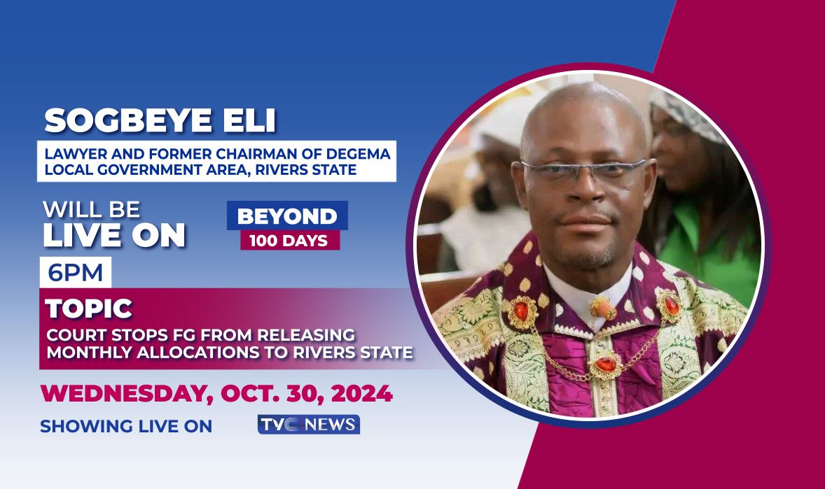 tvcnewsng's tweet photo. Are you set for another interesting conversation on today's episode of #Beyond100Days on #TVCnews ?

Our guests,  Sogbeye Eli, Lawyer and Former Chairman of Degema LGA, Rivers and Chibike Ikenga, Publicity Secretary, Caretaker Committee, APC, Rivers state will be live to discuss "Court stops FG from releasing monthly allocations to Rivers state"

It's a conversation you don't want to miss.

Time remains 6pm.

Watch #TVCNews on Dstv Ch. 418, Gotv Ch. 25, Startimes Ch. 307, Sky Ch. 524, PlayTV Ch. 801, and our YouTube channel.  https://t.co/CoTnflo7PP