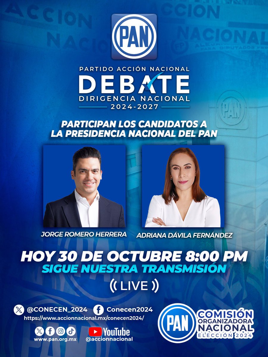 AccionNacional's tweet photo. ¡HOY debate entre aspirantes a la dirigencia nacional de Acción Nacional!

No te lo pierdas, donde la y el candidato presentarán su visión de futuro y propuestas para definir el rumbo del partido. 

 Sigue la transmisión en vivo y comparte.
¡No te lo pierdas!

#DebatePAN2024 https://t.co/etZiqpBXfr