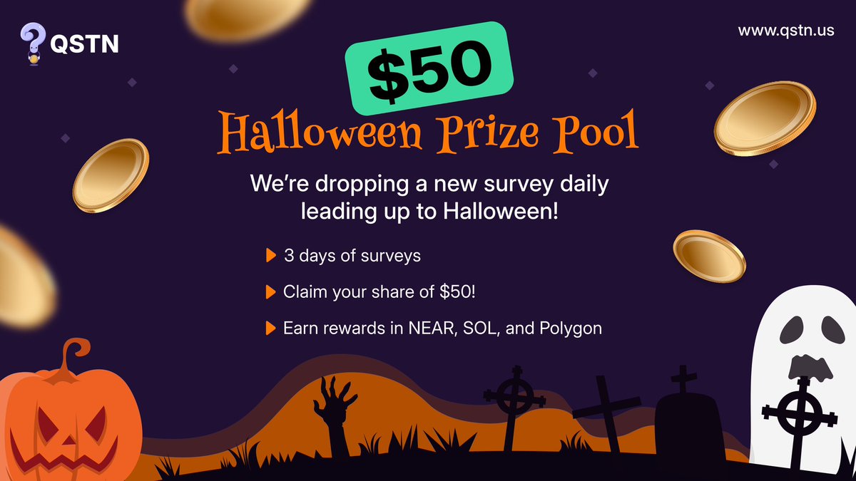 qstnus's tweet photo. 🎃 $50 Halloween Prize Pool 💰

We’re dropping a new survey daily leading up to Halloween! 🕸️

The first survey is live on QSTN 🗣️ 

🗓️ 3 days of surveys
💸 Earn rewards in $NEAR, $SOL, and $POL
📍 Claim your share of $100 prize 

🔗 Link: https://t.co/8ryZInmBFk

#GameFi #Web3 https://t.co/dvlVssRHI2