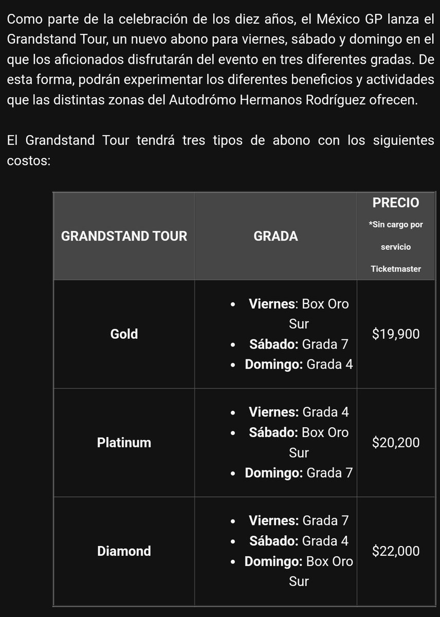 AlertaRacing's tweet photo. PRECIOS Y PREVENTA DE BOLETOS PARA EL GP DE MÉXICO 2025.

Los Boletos saldrán en preventa el 12 de Noviembre a partir de las 10am.

Cómo novedad se habilitará la Grandstand Tour, que te permitirá estar en 3 zonas distintas del circuito entre el 24 y el 26 de Octubre de 2025. https://t.co/Sy1LByHB72