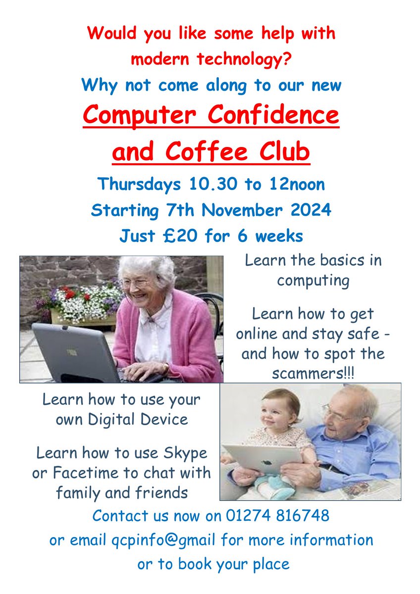 Why not join us for our new Computer Confidence Club starting on Wednesday 7th November 2024 at the Bank, 36 High Street, Queensbury, BD13 2PA.