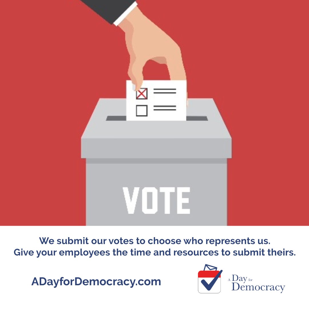 aDayForDemocrcy's tweet photo. Today’s the day to make your voice heard. Encourage your colleagues, friends, and family to vote. Let’s celebrate democracy and the power of every vote. Thank you to the employers who pledged to give time off today. #ElectionDay #ADayForDemocracy #MakeYourVoiceHeard https://t.co/LL1znWj378