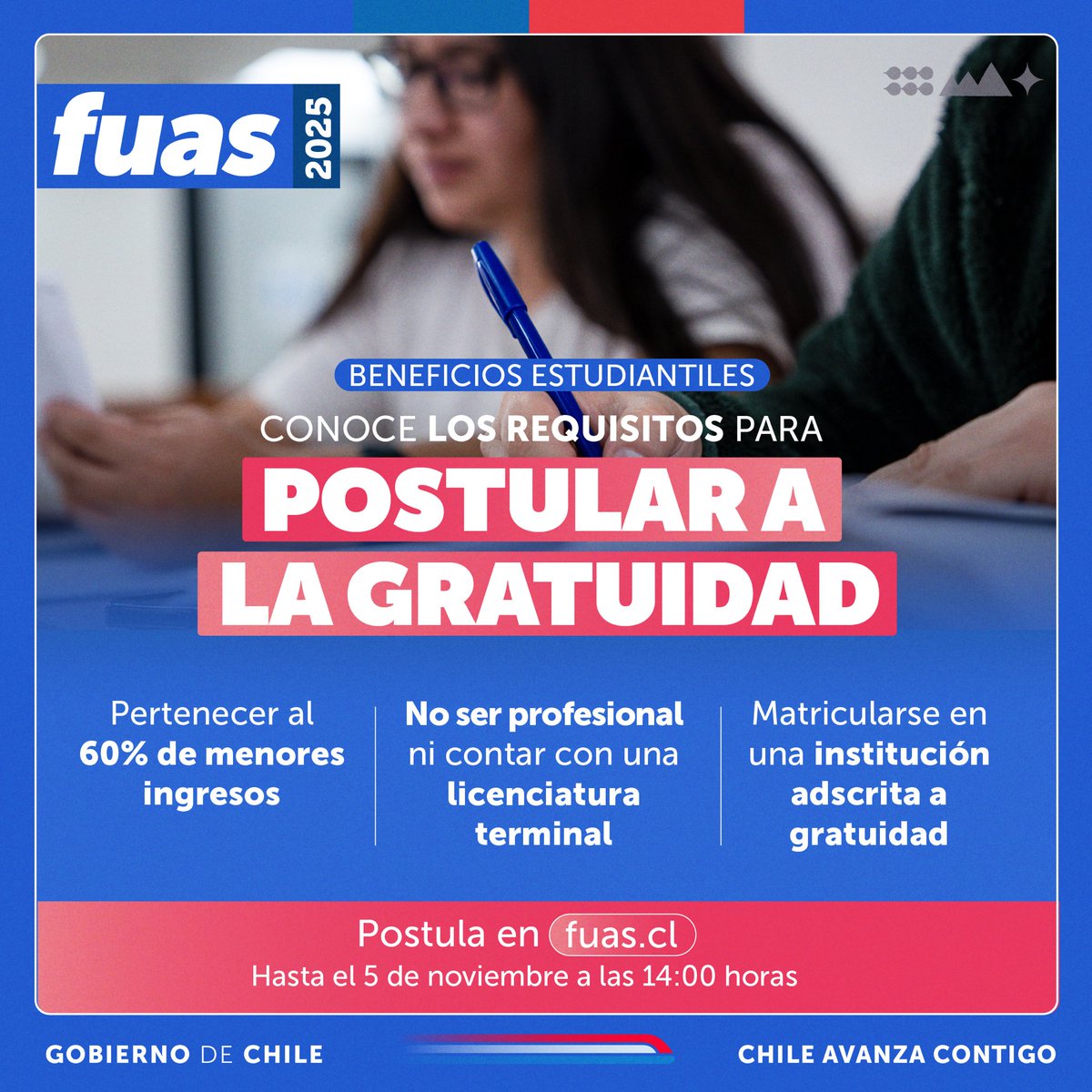 ¿Quieres estudiar en 2025 con gratuidad en la educación superior?¡Estos son algunos de sus requisitos!
✅ Conoce más detalles en beneficiosestudiantiles.cl
✍🏼 Postula a este y otros beneficios hasta el 5 de noviembre a las 14:00 horas a través del #FUAS en fuas.cl
