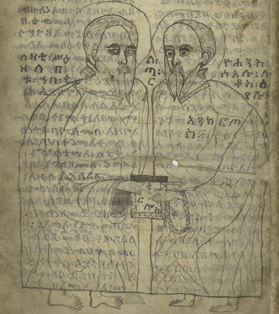ArtEthiopic's tweet photo. When the ink on one side of a manuscript folio is visible on the other side, it's called "bleed-through" (π©Έ). It can be a problem if you're trying to read the text, but it can also result in some beautiful patterns!
Ethiopia, 16th c. #bleedthrough #saints #africanart https://t.co/vBYwCyzvpQ