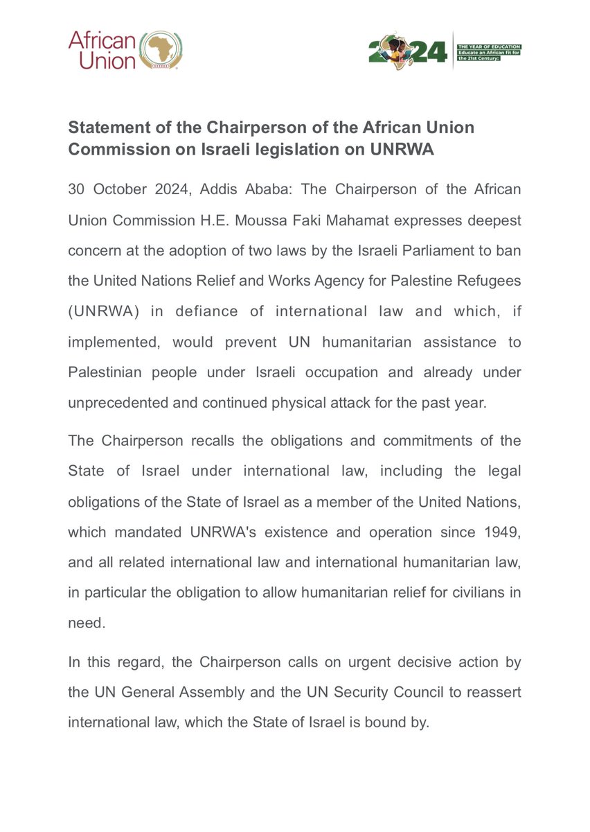 Statement of the Chairperson of the African Union Commission <a href="/AUC_MoussaFaki/">Moussa Faki Mahamat</a> on Israeli legislation on UNRWA
au.int/en/pressreleas…
