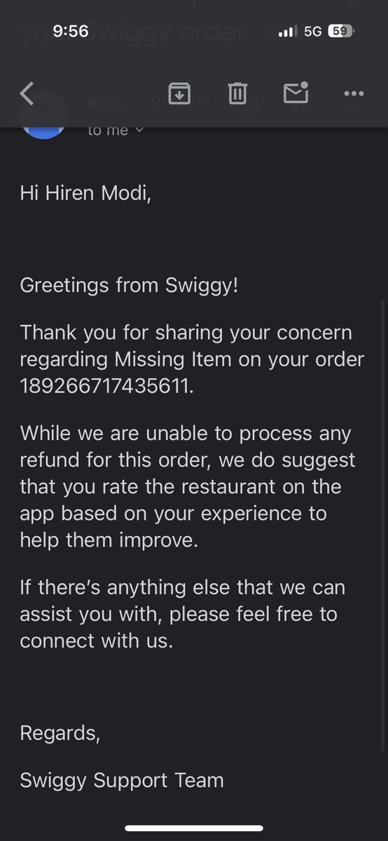 modihiren's tweet photo. @Swiggy And here is the email I got after talking to them for 39 min… https://t.co/tcubOuWz9Q