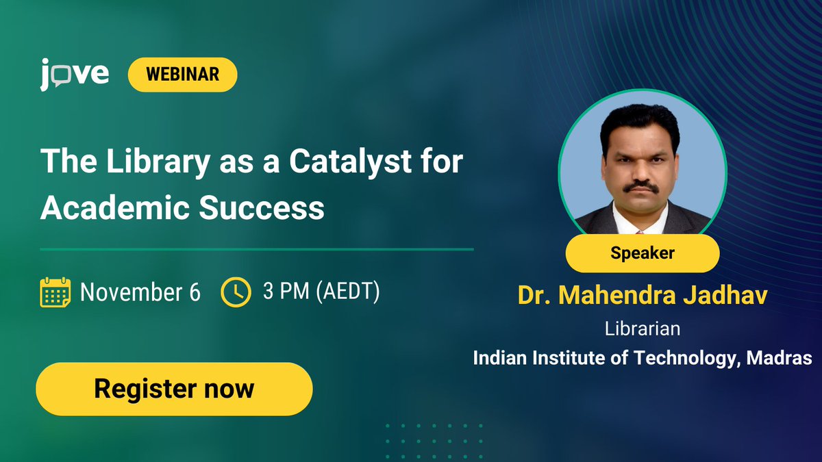 JoVEJournal's tweet image. Join our upcoming webinar with Dr. Mahendra Jadhav, Librarian @iitmadras, on &quot;The Library as a Catalyst for Academic Success.&quot;
📅 Date &amp;amp; Time: November 6 at 3 PM (AEDT)

Reserve your spot now! Register here:👉 hubs.ly/Q02WkqFW0

#librarian #library #digitalresources #stemed