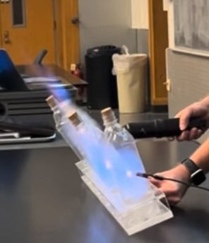 Jon_RK1's tweet photo. A little methanol in plastic bottles sealed with corks.  A spark ignites an impressive reaction that really wakes up an early morning @PurdueChemistry Gen Chem class! https://t.co/9oFSZdwoOn