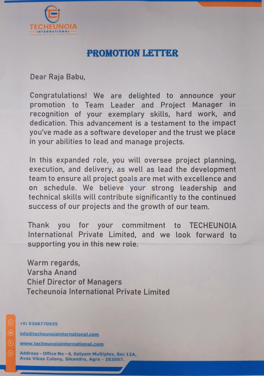 mr__raja_'s tweet photo. A huge thank you to Mr. Badal Anand, Mr. Aditya Singh, managers, my team, and colleagues for supporting me in my promotion to Team Leader &amp; Project Manager at @techeunoia2024 Without my team, I wouldn’t be here. Excited for the future🚀💼#Leadership #rajababu.dev #rajababu027 https://t.co/G0MmNCrh6g