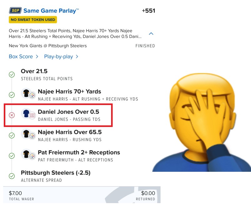 TNether3's tweet photo. #Fanduel #NYG #Steelers  3 passing TDS cancelled because of penalties and OB. Worst Giants game I've seen this year. https://t.co/DHaQeyWfD4