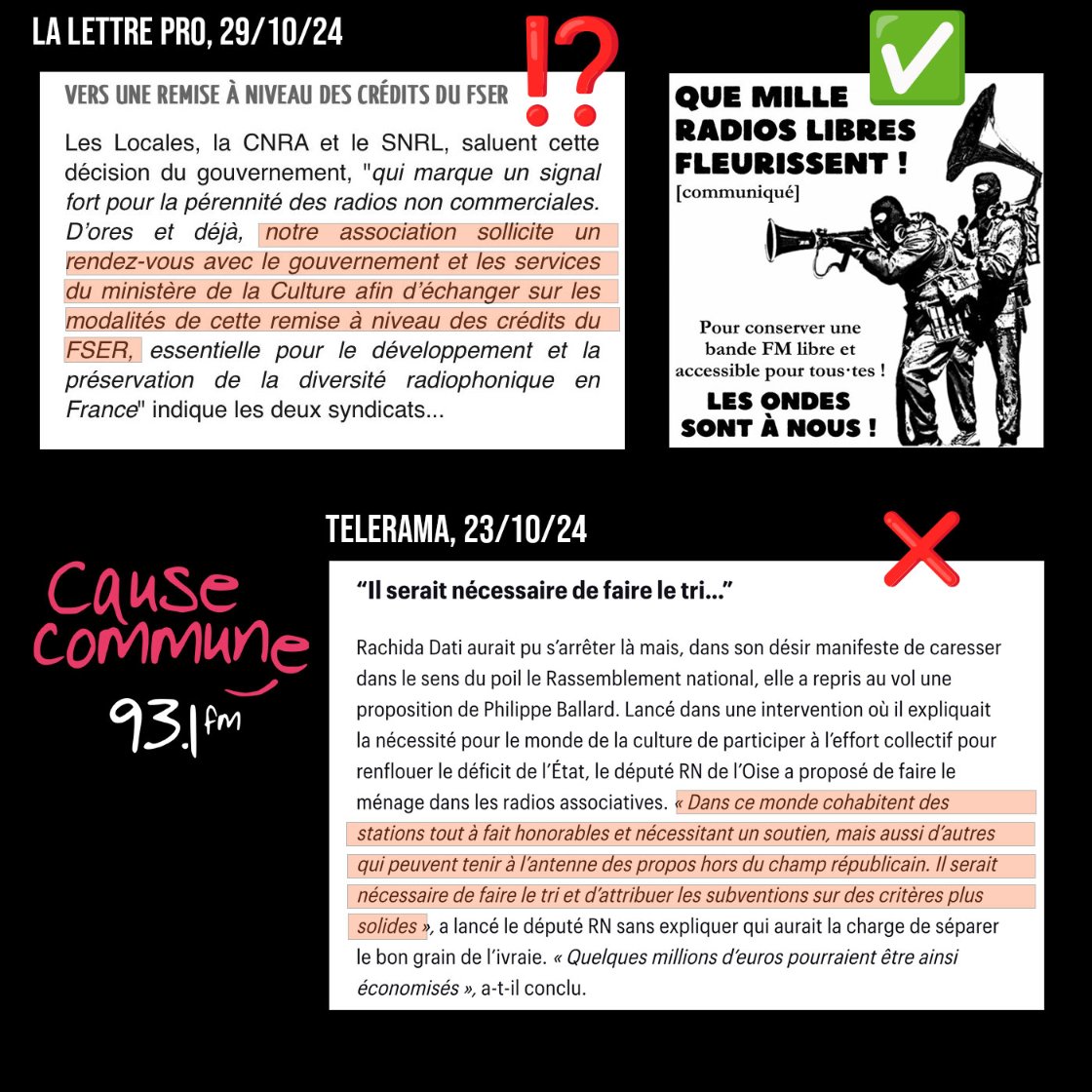 asso_libratoi's tweet photo. 🧐 À lire les communiqués des instances "représentatives" des radios non commerciales, il faudrait saluer une "victoire" après l'annonce d'un maintient des crédits du #FSER au niveau de 2024.  

⁉️ Quelles "modalités" devraient s'appliquer dans ce contexte ? https://t.co/6IEIX3moi3