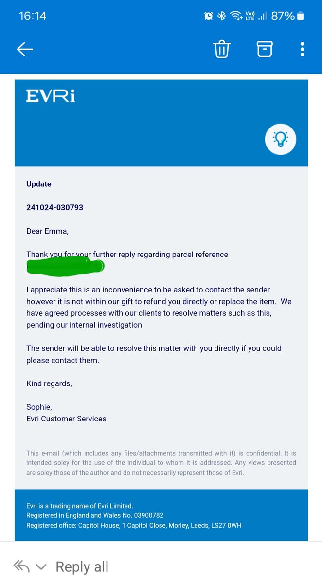 EmmaAngle's tweet photo. Had enough of @SHEIN_Official and @Evri_DeliveryFA. Neither taking responsibility of my lost parcel. Delivery in a bin IS NOT a successful delivery. I wasnt home until late and the bin was collected. Both refusing a refund or replacement. Looks like I'm off to tranding standards! https://t.co/Zpnu8xjD4U