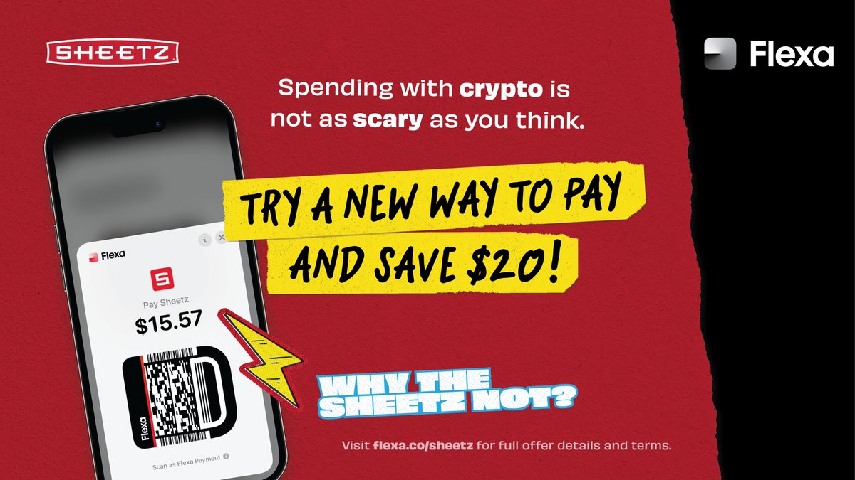 Starting today, spending with crypto can save you $$$ at all Sheetz  locations. Get $20 off any in-person payment when you use Flexa. Full offer  terms: https://t.co/PtELzD6KuJ