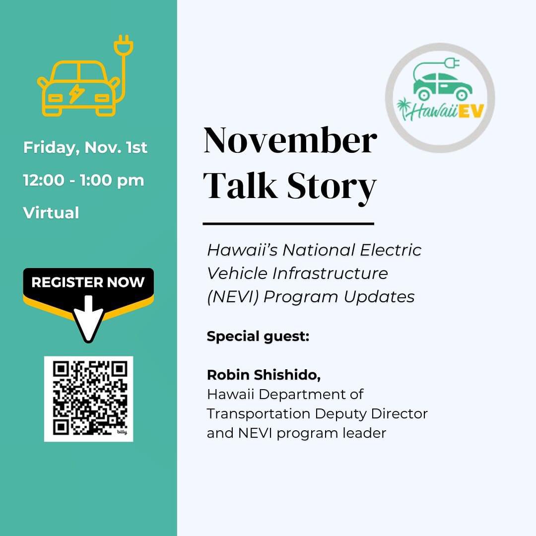 Tired of waiting for EV charging stations to be developed in Hawaii? 🔌🚗

Join us for our free November Talk Story and learn how the NEVI program is expanding the state's DC Fast Charger network.

#HawaiiEV #NEVI #EVCharging #ElectricVehicles #DriveElectric #GoElectricHawaii"