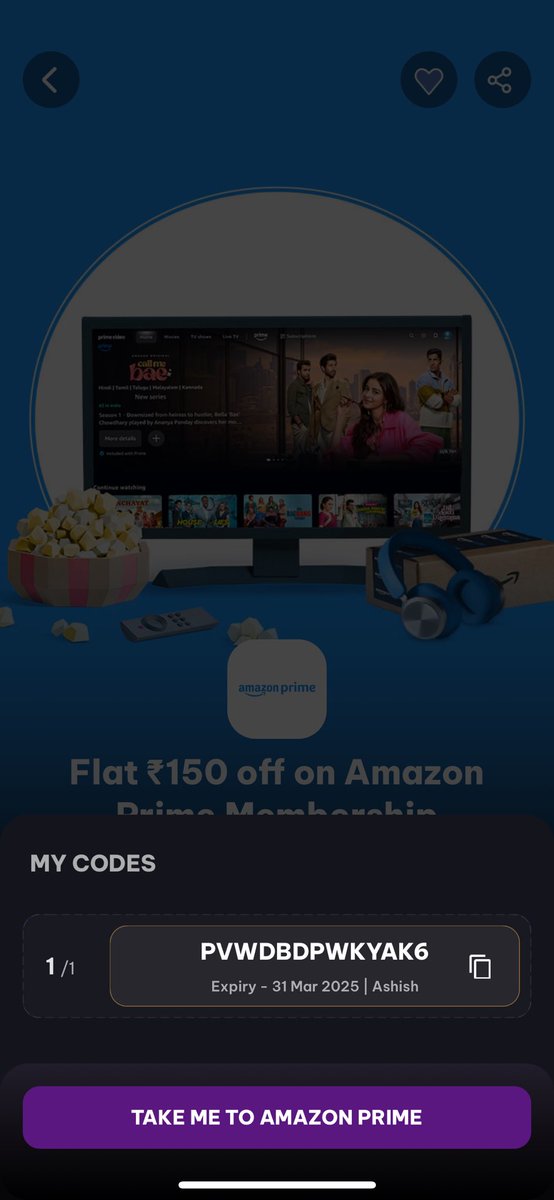 TheAshishBharti's tweet image. 🔥 Grab a ₹150 Amazon Prime Voucher with Times Prime! Don’t miss out on this limited offer! 🏃‍♂️💨

Any one who need grab the below code

#TimesPrime #AmazonPrime #Voucher #LimitedTimeOffer #Deals