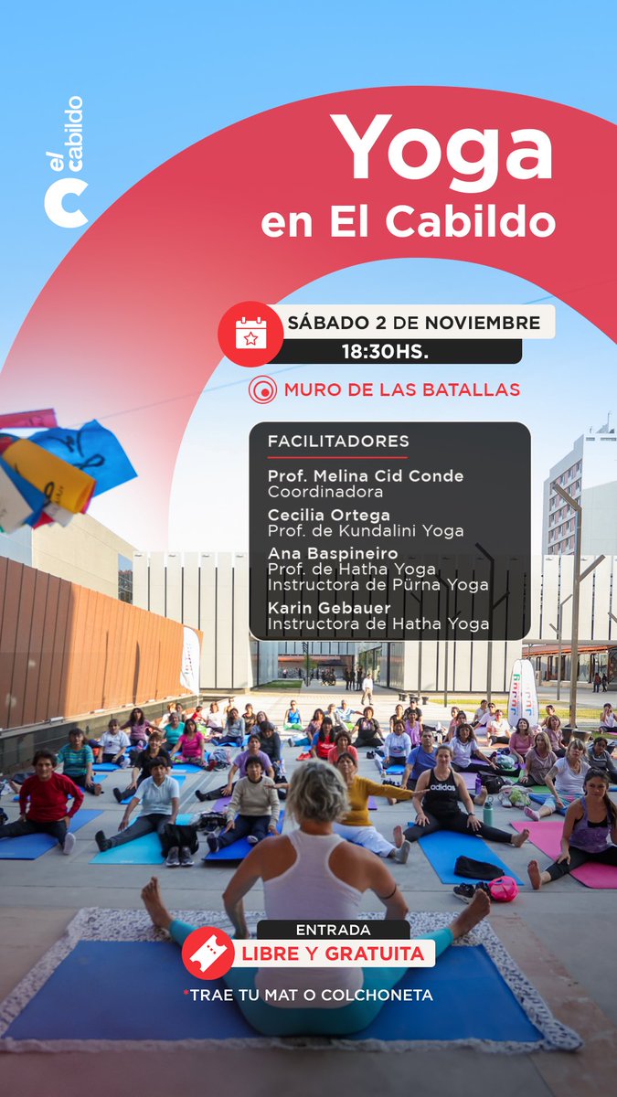 📅 ¡Este sábado 2 de Noviembre te esperamos para compartir un nuevo encuentro de yoga!

👉 La clase será guiada por la profesora de Hatha Yoga, Melina Cid Conde.

¡Te esperamos!🙌

📍 Muro de las Batallas. 
🗓️ Sábado 2/11.
🕣 18:30 hs.

¡Entrada libre y gratuita!