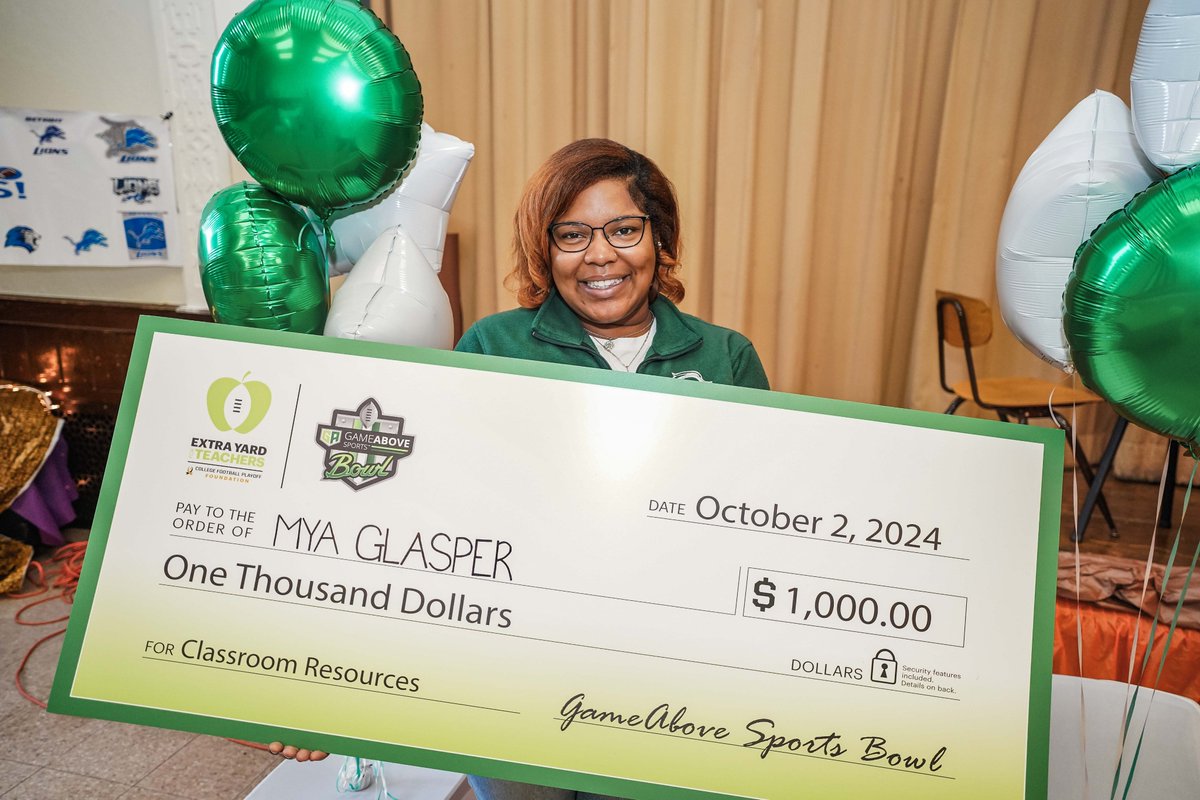 GameAboveBowl's tweet photo. In continuing our support of teachers, we celebrated the Big Day for Teachers by surprising Ms. Glasper, a 1st grade teacher at Noble Elementary-Middle School, with a $1,000 DonorChoose gift card from the College Football Playoff Foundation and Extra Yard for Teachers.

Thank you, Ms. Glasper, for all that you do to shape the next generation in your classroom! We look forward to continuing to support teachers like you through our teacher appreciation nomination program.

Use the link to nominate your favorite teacher: https://t.co/N0mdcR1ArT

#GameAboveSportsBowl #BowlSeason @CFBPlayoff