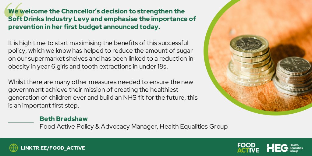 Did you tune into the #AutumnBudget this afternoon? 💷

Commitments to strengthen the Soft Drinks Industry Levy, expand the National School Breakfast Programme and a movement away from sickness to prevention.

Read our response ⬇️ and further analysis ➡️
foodactive.org.uk/autumn-budget-…