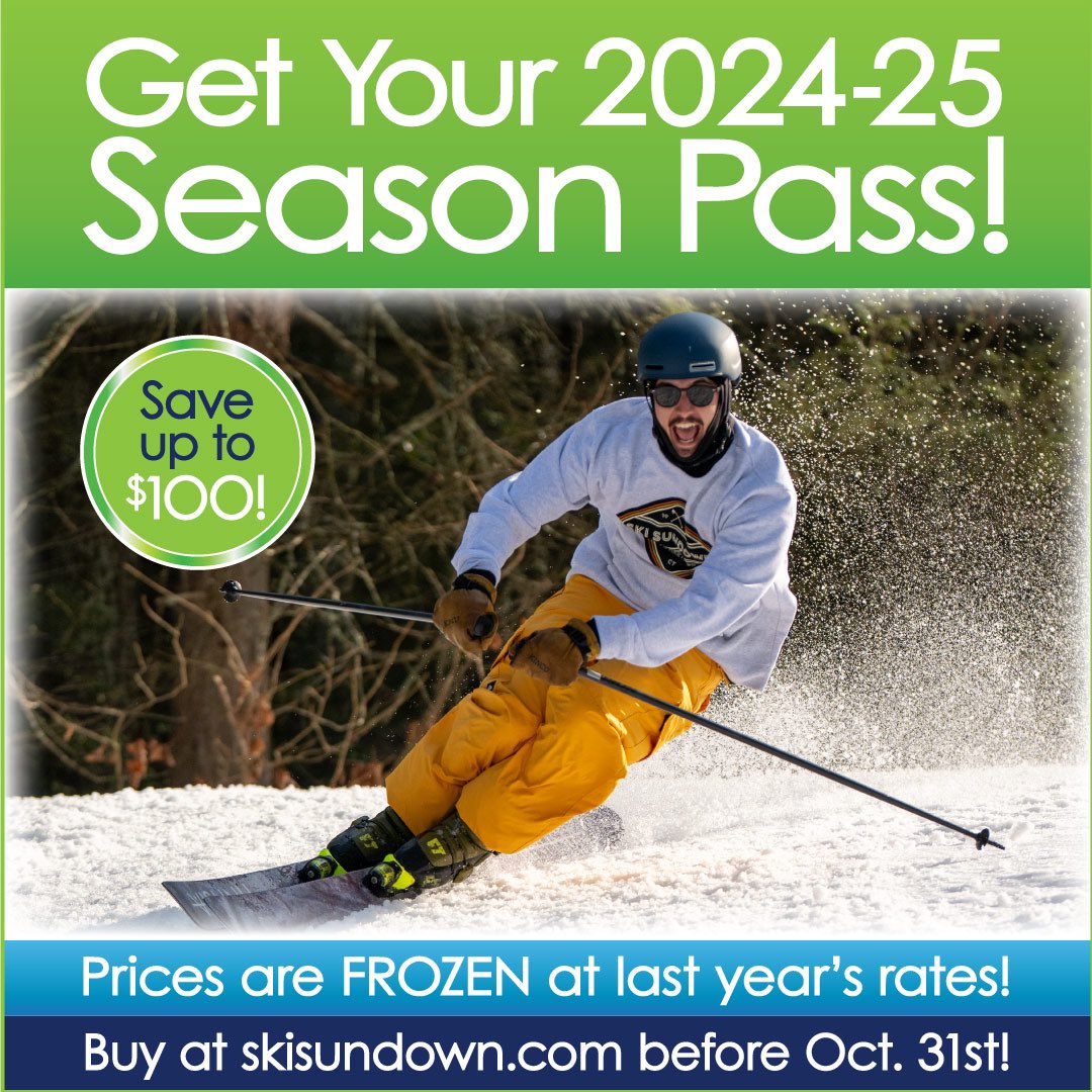 Our Season Pass Deal has almost expired! Purchase online before midnight on Oct. 31st to take advantage of up to $100 savings per pass! Visit skisundown.com for more details.