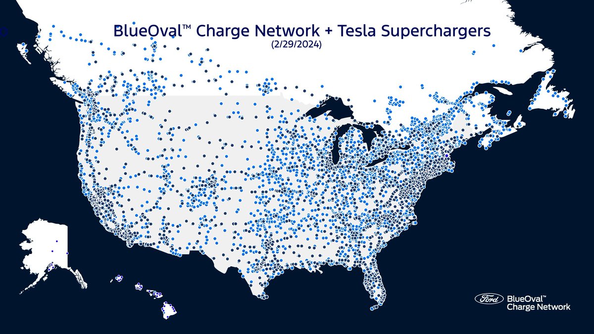 🔵 Don’t stress! Public chargers are closer than you think.

Our Ford BlueOval Charge Network is the largest public charging network in North America with 128K+ chargers and 28.5K DC Fast Chargers, which includes access to the entire <a href="/Tesla/">Tesla</a> Supercharger network.  And the network