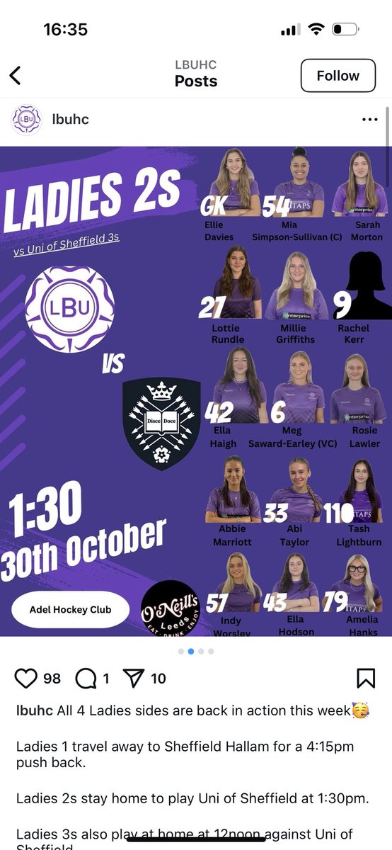 Good luck Hill House alumni Sarah Morton who starts for Leeds Beckett University Hockey today in the BUCS league