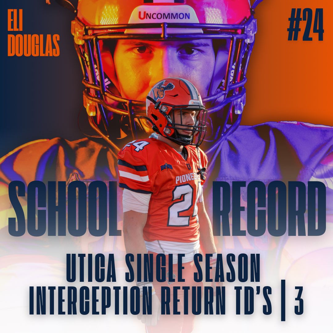 Eli Douglas is historic. 

The Junior Safety has officially captured the Pioneer record for most interception return touchdowns in a single season. Douglas has 3 pick 6’s this season and has three games left to bolster the record 👀🔛🔝

#FearTheMoose #GoPioneers #Empire8 #d3fb