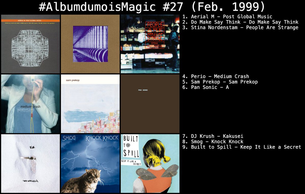 Matthieu (@goodmornincaptn) on Twitter photo Mon top #AlbumdumoisMagic #27 de février 99
<a href="/Cartney69/">François F.</a> :
🥇 Aerial M <a href="/davidpajo/">David Pajo</a> - Post Global Music (40' de remixes vaporeux post-rock / ambient / jazz / dub)
🥈 Do Make Say Think - s/t
🥉 Stina Nordenstam - People Are Strange
🍫 Perio - Medium Crash
🍫 <a href="/1samprekop/">Sam Prekop</a> - s/t Mon top #AlbumdumoisMagic #27 de février 99
<a href="/Cartney69/">François F.</a> :
🥇 Aerial M <a href="/davidpajo/">David Pajo</a> - Post Global Music (40' de remixes vaporeux post-rock / ambient / jazz / dub)
🥈 Do Make Say Think - s/t
🥉 Stina Nordenstam - People Are Strange
🍫 Perio - Medium Crash
🍫 <a href="/1samprekop/">Sam Prekop</a> - s/t