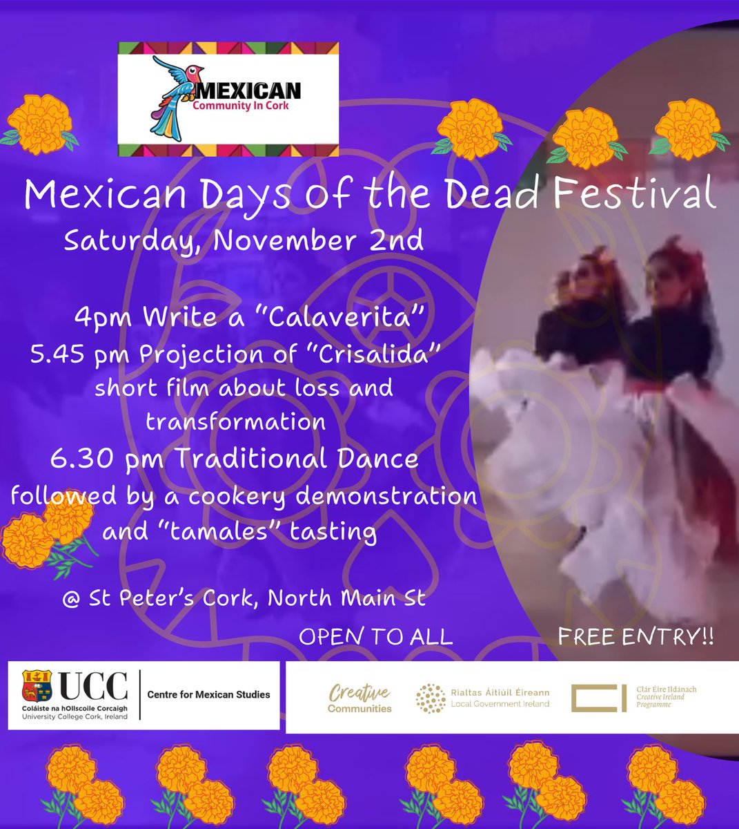 MEXICAN DAYS OF THE DEAD FESTIVAL ✨ 
📅 Saturday, November 2nd 
📍 St Peter's Cork, North Main St
Free entry! Open to all! 
JOIN US!