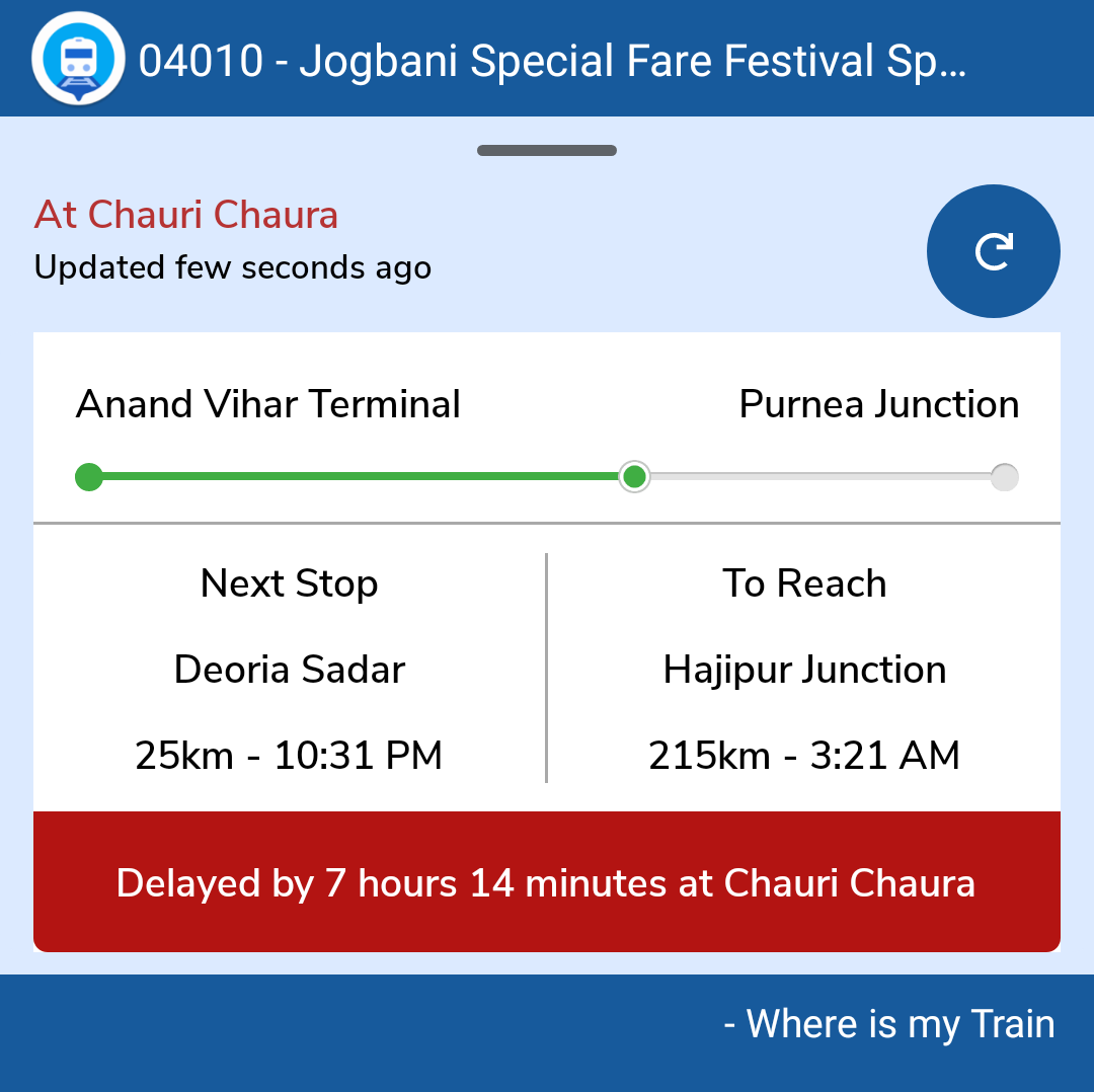 Sumankumar9546's tweet photo. Check out the running status of Jogbani Special Fare Festival Special
Pnr no - 2652390909
What is this
7 hour train let hh
Kya hamesha yahi haal rhega indian railway ka Disgusting!!! @AshwiniVaishnaw 
@narendramodi 
@RailwaySeva 
@Central_Railway 
@RailMinIndia https://t.co/WZgvYpHNGL