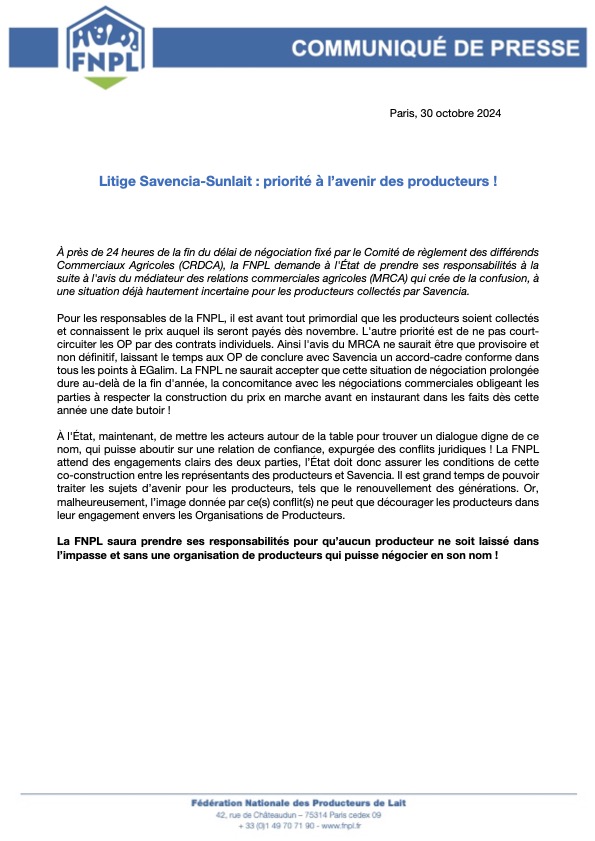 COMMUNIQUE DE PRESSE : Litige <a href="/Savencia_groupe/">Savencia</a> -<a href="/aopSunlait/">Sunlait</a>  : priorité à l’avenir des producteurs ! 
#ceuxquifontlelait