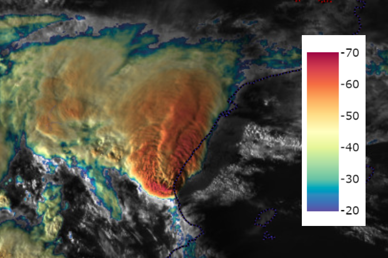 The quasi-stationary storm producing torrential rainfall in Valencia - in addition to at least three tornadoes - was impressive on satellite. Cloud tops of this supercell were very cold and high. An Above Anvil Cirrus Plume showed we were dealing with an extremely strong storm.