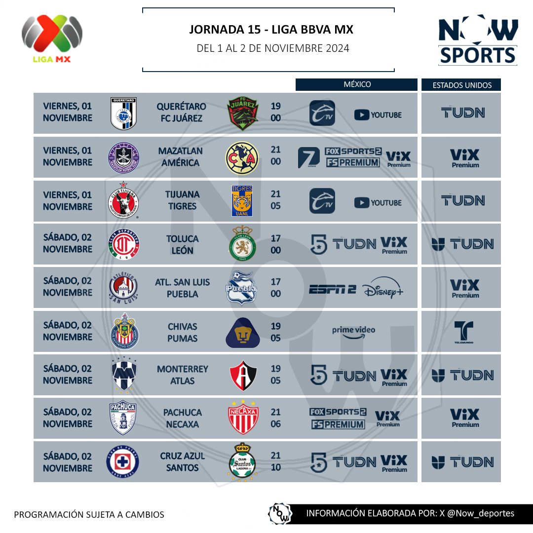 Now_deportes's tweet photo. Horarios y transmisiones de la Jornada 15 | Liga BBVA MX 🇲🇽

📅 Del 1 al 2 de noviembre
🟦 4 juegos por televisión abierta
▪️2 partidos por Fox Sports2
▪️Chivas vs Pumas por Prime Video
▪️5 por ViX Premium

Programación sujeta a cambios https://t.co/HMi2fBifyl