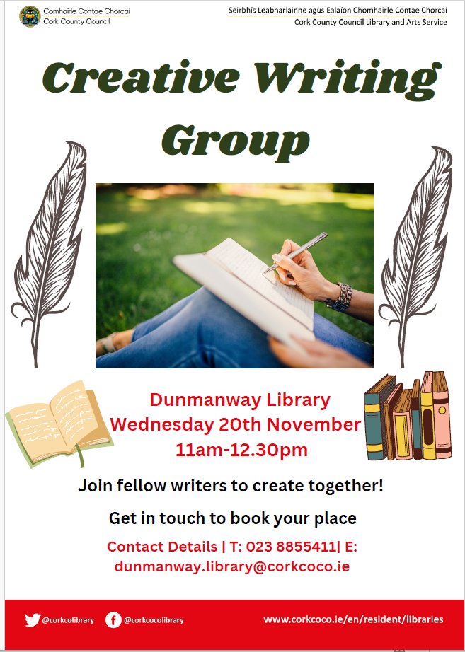 corkcolibrary's tweet image. Join fellow writers on Wednesday 20th of November at 11 am in Dunmanway Library to create &amp;amp; share stories! This group will run monthly, if you are interested please contact the library to book your place. 📖🖋

#DunmanwayLibrary
#CreativeIreland
#WritingGroup
#creativewriting