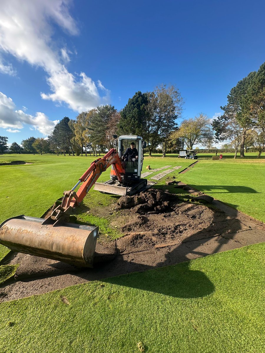 MattGillingham's tweet photo. Winter Project @TheWilmslowGC 

Our team tackled the waterlogged area on the 3rd fairway, installing a new drain &amp; connecting older ones. They raised &amp; turfed the spot, using turf from an out-of-play area that will now be seeded. Course improvements are underway! #golfincheshire https://t.co/tEq9k4kCsm
