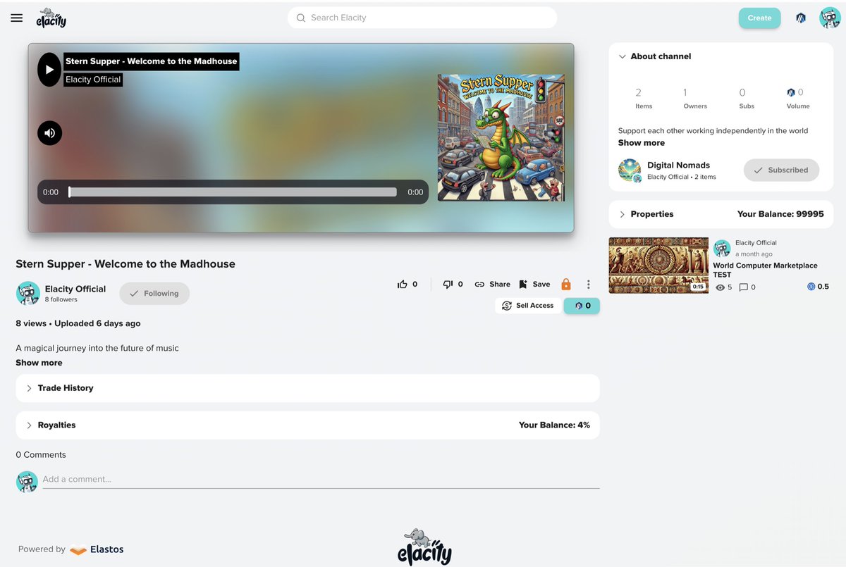 sash__mit's tweet photo. 1/2 @Elacityofficial Audio Markets now enabled in Testnet - Music, Podcasts, Audiobooks coming (Video already ready). In 2025, let's make digital goods markets, let's deliver @ElastosInfo vision, $ELA. How can you not be bullish? We have great understanding and engineering talent. If interested to get early access, pls let me know. 

What's so cool is whilst you can buy and trade content independently, Elacity 'Channels' introduce subscription models allowing you to bundle a library of diverse assets together for time-based access and individual trading, today audio and video, tomorrow likely documents and art, big picture games, AI and software. Channels will also have Governance and Social baked in, so its more than just content, its community. 

Tech side - Elacity dDRM is all built by our team from the ground up and is under blockchain governance. This means decentralised identities (you) can encrypt assets, upload onto decentralized storage (IPFS) and licence access through tradable NFTs (eg. 1 or 1billion) with the embedded rights (eg Buy Now or timed-based subscription), defining scarcity and business models for your data. This whole process can be done on our platform. 

Buying the Content (NFT) allows you to fetch a licence from the smart contract and decrypt the asset in a runtime player (on your device). It's the worlds first full end-to-end monetization and playback system for Web3 (see 2/2 for architecture).

Also, when you purchase NFTs from the owners smartcontract, controlled by their decentralized wallet, the payment is distributed to all royalty NFT holders of the asset immediately (eg creators, investors, distributors, publishers etc). Royalty holders are defined and sent their tokens when publishing the asset, and all in the same transaction. 

Royalties are NFTs too, meaning they are tradable, which opens new inclusive markets should the owners want to open up, and you could even set aside royalties in a dedicated tax wallet efficiency accounting efficiency. 

This is the automation system the world increasingly needs, and im hopeful the value for society will be realised over time. The whole licencing agreement process is tokenised, transparent, inclusive, fair, blah blah blah, it opens up a digital economy for digital goods which you own, no gatekeepers. 

This is all being wrapped up in account and chain abstraction, headed towards hiding blockchain completely so you log in with eg X, pay with card like the normal internet with easy cash in and out options with all the efficiency. The goal isn't Web3, it's evolving the internet towards the Elastos SmartWeb.

We come from the Elastos ecosystem, we are proud of the Elastos ecosystem, hold an $ELA treasury as our reserve asset, Elastos is punk and its merged-mined with Bitcoin with 50% of its miners security, 28.22mill total and only $1.92 a coin aka $42mill marketcap, easy unicorn, until we do release this tech, follow @ElastosInfo and join our community by getting some $ELA - links here: https://t.co/QnrIRwMMZC