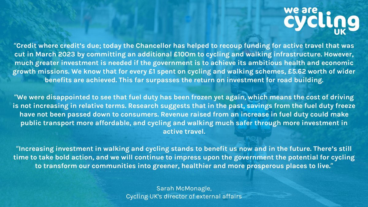 🧵 1/6. In response to the Chancellor's #AutumnBudget statement and how it relates to transport &amp; active travel, <a href="/SarahMcMonagle/">Sarah McMonagle</a>, director of external affairs at Cycling UK, said: “Credit where credit’s due; today the Chancellor has helped to recoup funding for active travel...