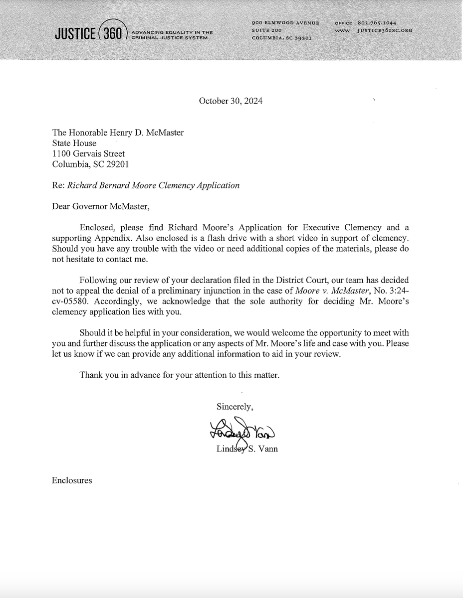 Today, Richard Moore’s lawyers filed an application for clemency with South Carolina Gov. Henry McMaster asking him to commute Mr. Moore’s death sentence. justice360sc.org/wp-content/upl… <a href="/justice360sc/">Justice 360</a> <a href="/LindseySV/">Lindsey Vann</a> <a href="/SCADeathPenalty/">SCADP</a>