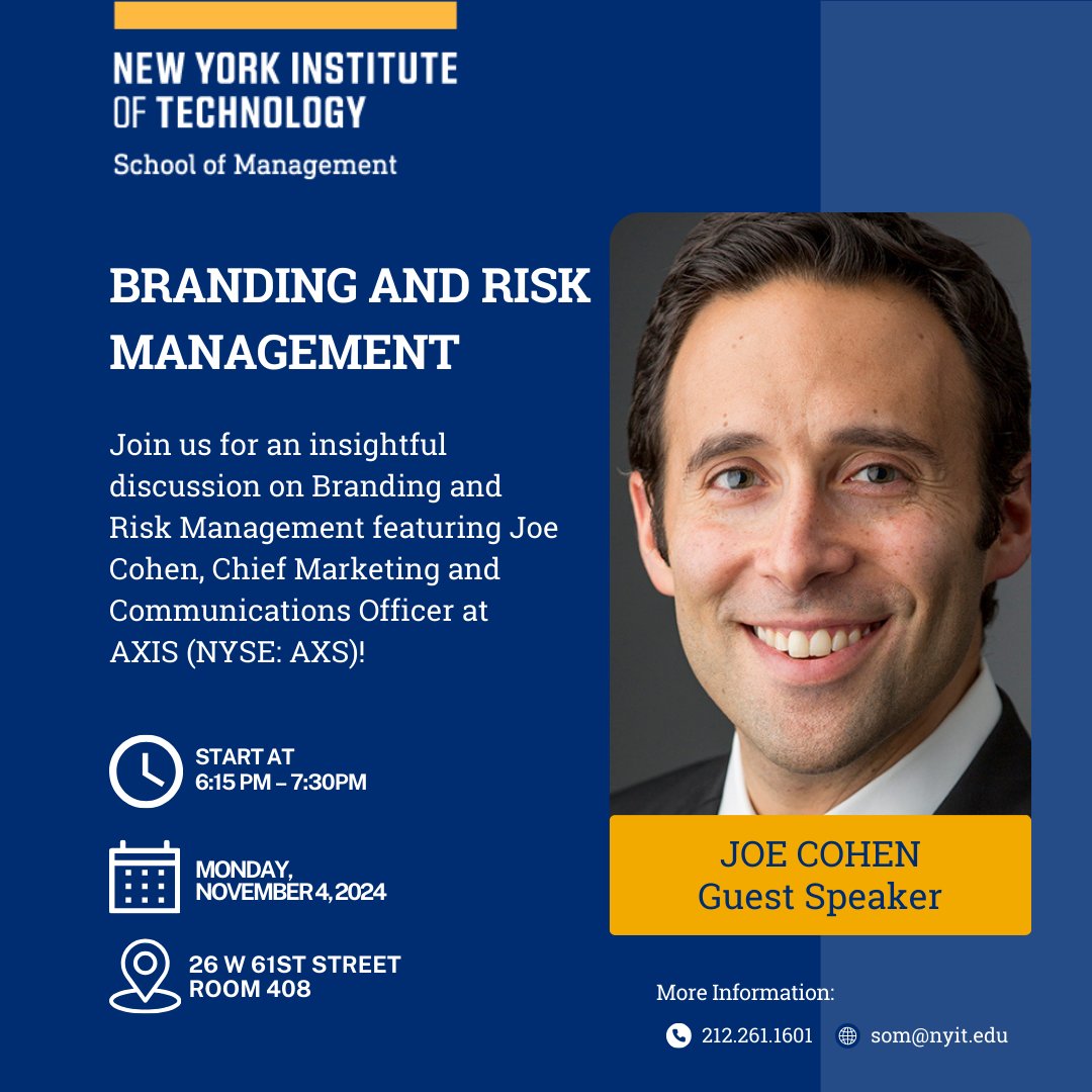 NYITSOM's tweet photo. Join us for an insightful discussion on Branding and Risk Management featuring Joe Cohen, Chief Marketing and Communications Officer at AXIS (NYSE: AXS).

🗓️ When: Monday, November 4, 2024
🕔 Time: 6:15 PM – 7:30 PM
📍 Where: 26 W 61st Street, Room 408 https://t.co/u0ZbzC7gxY