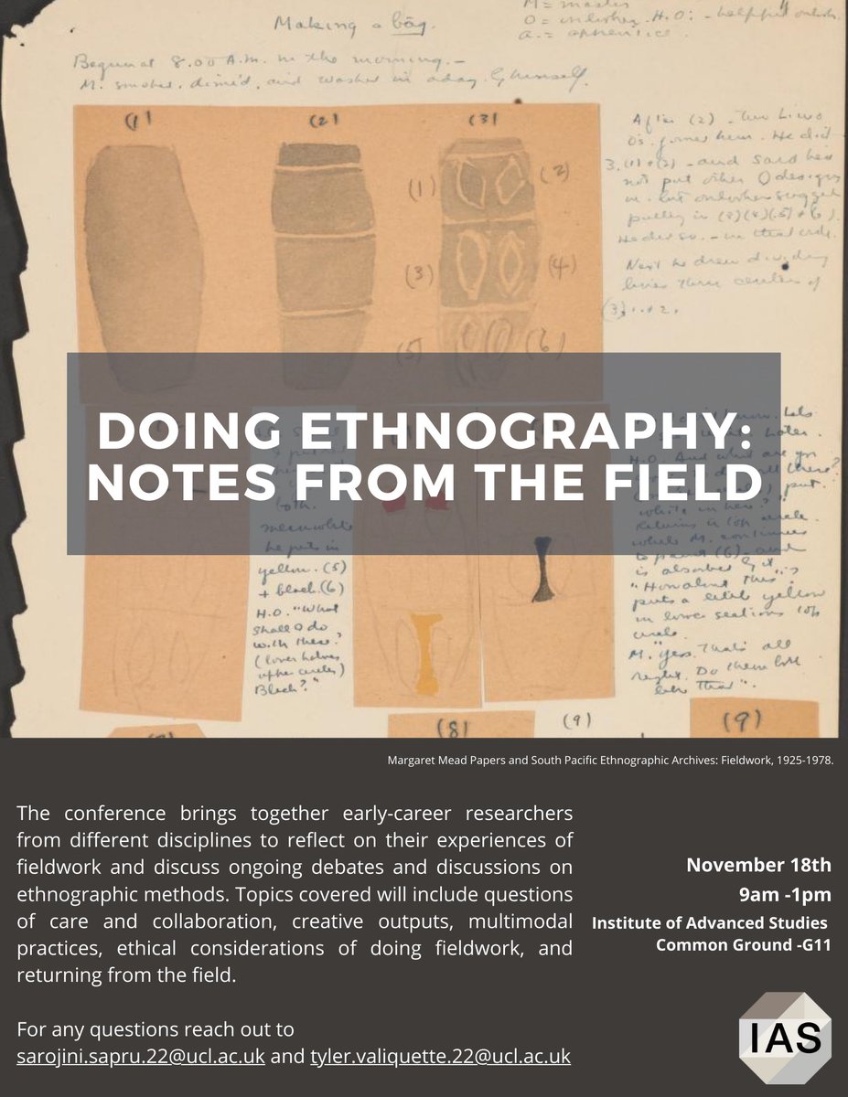 We are extending the deadline for the conference, Doing Ethnography: Notes from the Field, until Mon, November 4th. There are so many wonderful proposals thus far. <a href="/UCL_IAS/">UCL IAS @ucl-ias.bsky.social</a> @SarojiniSapru <a href="/UCLgeography/">UCL Geography</a>
Looking forward to more. All info can be found here: docs.google.com/document/d/1su…