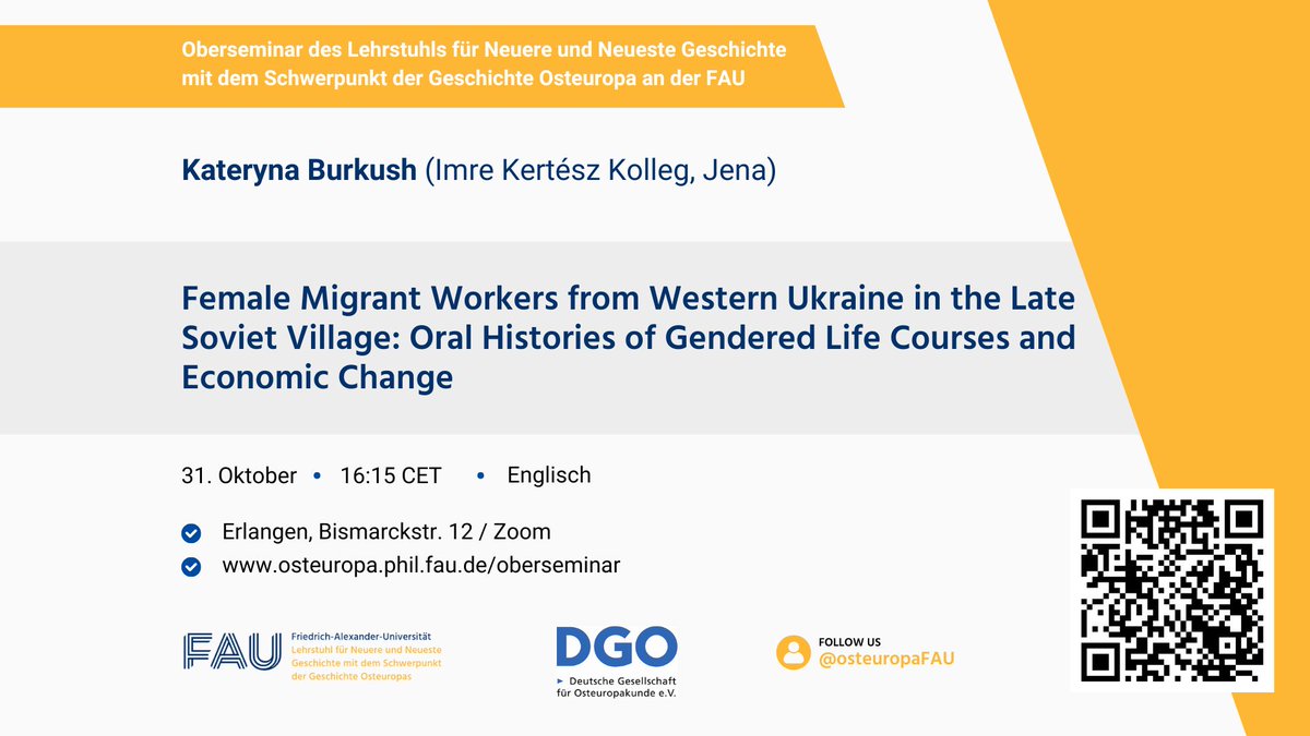 osteuropaFAU's tweet image. Kateryna Burkush: Female Migrant Workers from Western Ukraine in the Late Soviet Village: Oral Histories of Gendered Life Courses and Economic Change.
Tomorrow at 16:15. In cooperation with @DGO_Berlin
Registration: osteuropa.phil.fau.de/events/kateryn…