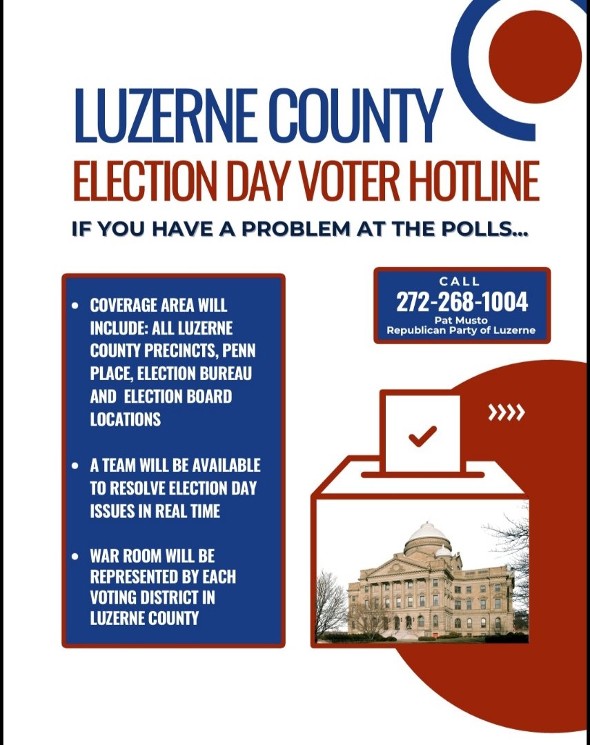 CitizensGroupPA's tweet photo. Voters in Luzerne County.  🚨 

There will be a team on Election Day looking out for you with coverage in every important location.  Do not walk away disenfranchised.  Call the # below
@ScottPresler @Maloney https://t.co/Cj6NTyquhp