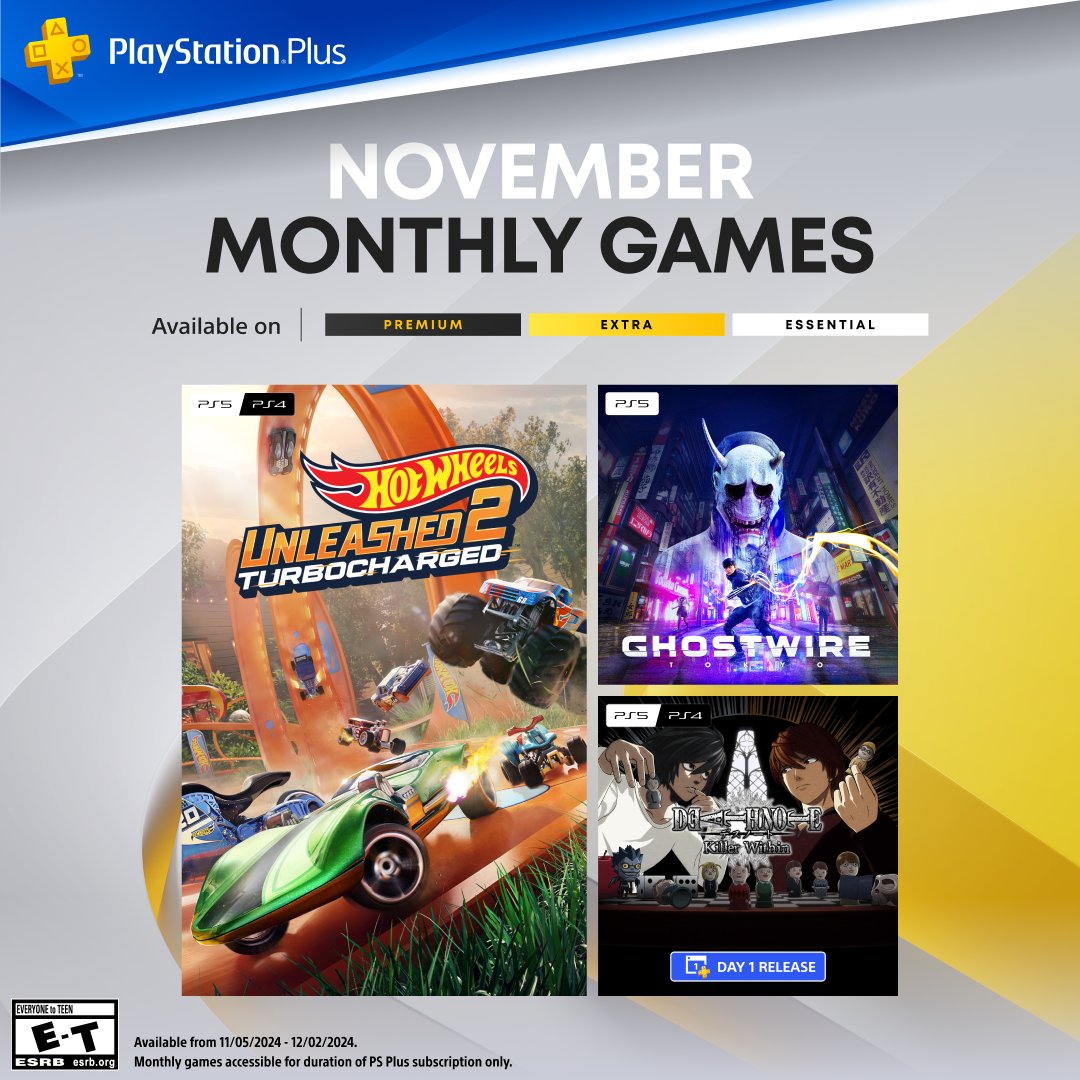 PlayStation's tweet photo. The PlayStation Plus Monthly Games for November are:

🏎️ Hot Wheels Unleashed 2 - Turbocharged
👹 Ghostwire: Tokyo
✒️ Death Note Killer Within

All playable November 5 https://t.co/NUUutyKplc https://t.co/xXkokbIjov