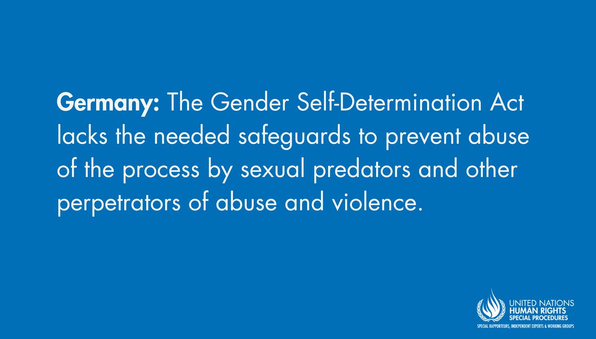 UN Special Procedures (@un_spexperts) on Twitter photo #Germany: Gender self-ID law fails to address implications for women and girls, says UN Special Rapporteur <a href="/UNSRVAW/">Reem Alsalem UNSR Violence Against Women and Girls</a>.
ohchr.org/en/press-relea… #Germany: Gender self-ID law fails to address implications for women and girls, says UN Special Rapporteur <a href="/UNSRVAW/">Reem Alsalem UNSR Violence Against Women and Girls</a>.
ohchr.org/en/press-relea…