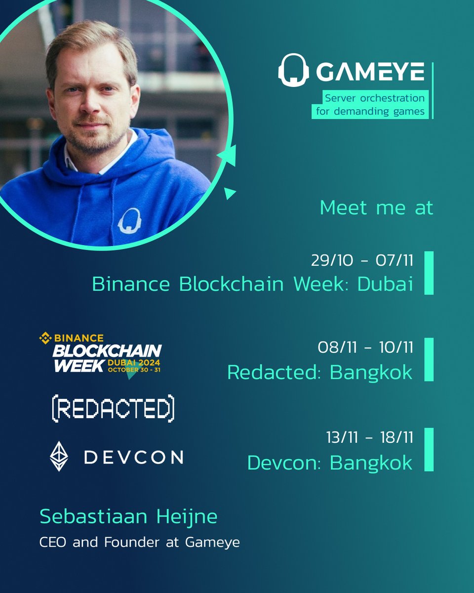 Gameye (@gogameye) on Twitter photo Our CEO, <a href="/micrux/">Sebastiaan Heijne</a>, is attending three of the most influential tech events this month: #BinanceBlockchain, #Redacted, and #Devcon. If you're at any of these events and want to catch up about the latest in server hosting and compute, reach out.
See you there ๐ Our CEO, <a href="/micrux/">Sebastiaan Heijne</a>, is attending three of the most influential tech events this month: #BinanceBlockchain, #Redacted, and #Devcon. If you're at any of these events and want to catch up about the latest in server hosting and compute, reach out.
See you there ๐