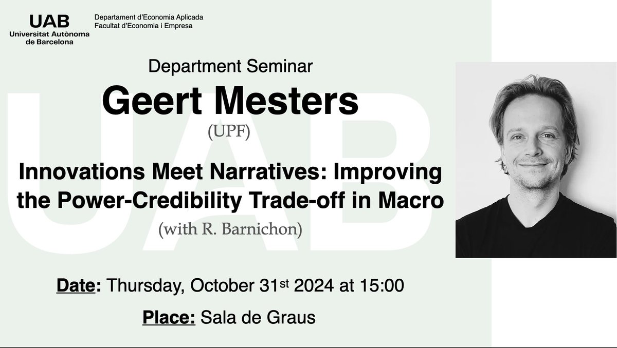 Tomorrow we have Geert Mesters presenting at our Department Seminar 

🗓️ October 31st, Thursday 
🕐 15:00
📍 Sala de Graus