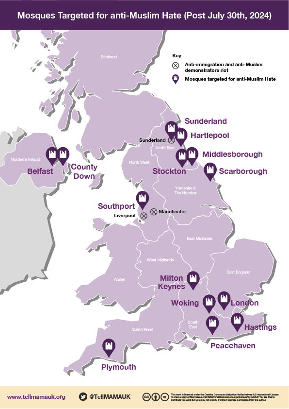 The Southport murders of three beautiful young children sparked campaigns against mosques.

Instead of honouring the three young girls and their families, some people decided to attack mosques.

This graphic shows the hate activities of some post July 30th 2024. 

#mosques